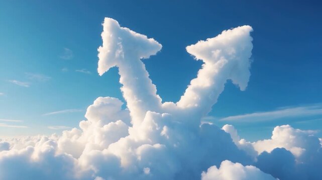 Fluffy white clouds forming arrow shapes against a bright blue sky showing dynamic movement from beginning to end with a shifting composition and varying textures in an open atmosphere.