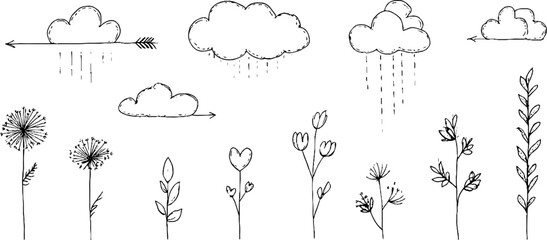 Minimalist line art of text clouds and flower shapes for design and decoration