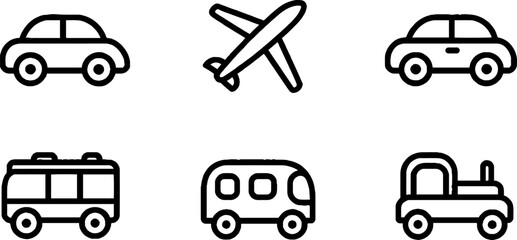 Minimalist line art set of transport icons featuring car, airplane, and bus for design projects