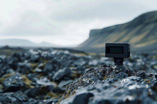 Action camera capturing a timelapse of a volcanic landscape in iceland