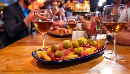 Close up of tapas with wine glasses on a wooden bar top in a restaurant setting with people around