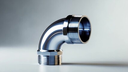 Shiny chrome elbow pipe fitting positioned in a softly lit environment with a minimalistic gray background highlighting its smooth curves and metallic texture in a close-up view