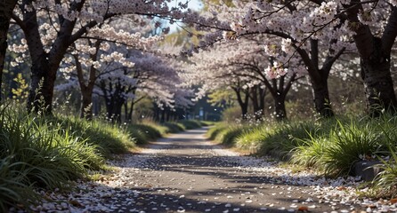 cherry blossom tree lined path with falling petals in springtime sunlight.