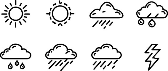 Minimalist line art weather and climate icon set for design and print
