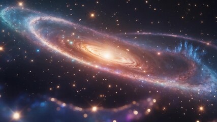 Expansive view of a spiral galaxy in deep space showcasing vivid colors and twinkling stars with shifting luminous highlights and an intricate cosmic structure featuring swirling arms and a glowing