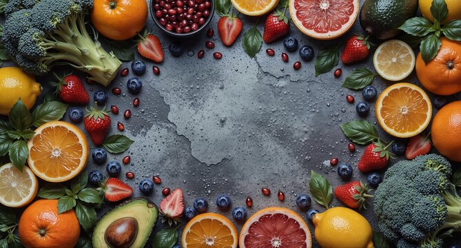 fresh colorful fruits and vegetables arranged in a circular frame on a textured gray surface for healthy eating concepts.