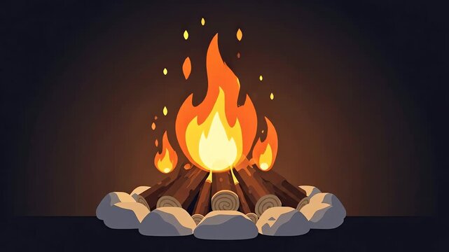 Animated Cartoon Campfire Burning Brightly at Night.