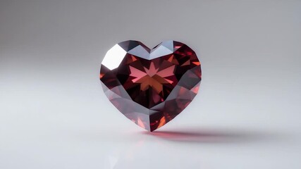 Close-up view of a polished red heart-shaped crystal gemstone with multifaceted surfaces reflecting soft light on a smooth gray background showing gradual changes in color intensity and light