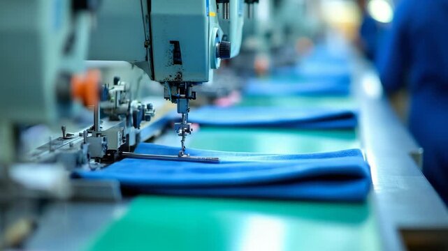 selective focus machines stitching fabric pieces for shirts trousers and jackets scene