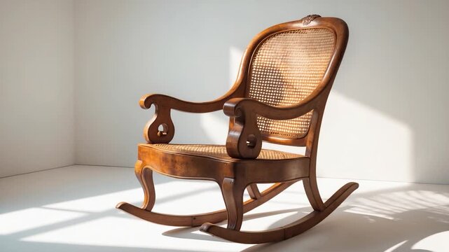 Warm-toned wooden rocking chair with woven cane backrest positioned in bright airy interior with soft natural light casting gentle shadows on minimal white background