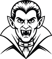 Black and white vampire head illustration with sharp fangs and red eyes, scary gothic horror character design for Halloween themed artwork