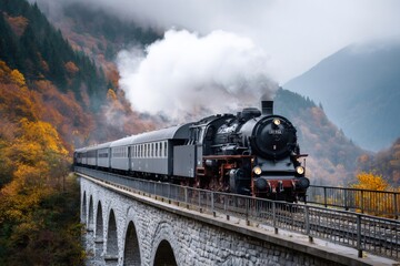 Vintage steam train crossing stone viaduct in autumn mountains