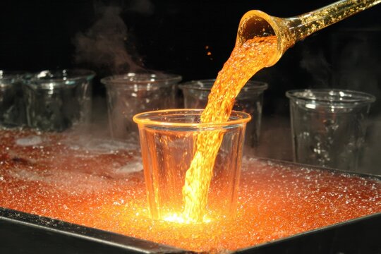 Molten Glass Being Poured into Cups in Industrial Workshop with Steam