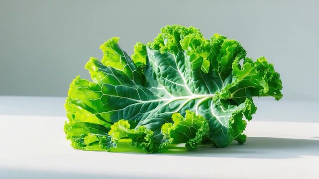 Lush green leafy kale resting on a clean white surface showcasing its vibrant texture and intricate veins under soft natural light emphasizing the freshness and organic nature of the vegetable.