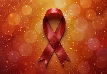red ribbon awareness symbol with bokeh lights and water droplets on a vibrant orange background.