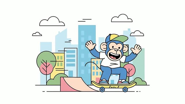 Animated Cartoon Monkey Character Skateboarding in a City Park.