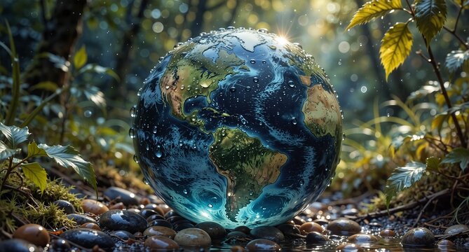 a glistening earth globe rests among lush forest foliage and wet river stones, symbolizing environmental conservation.