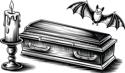 Vintage black and white horror illustration featuring coffin, flying bat and melting candle, perfect for Halloween designs, spooky artwork and gothic themes