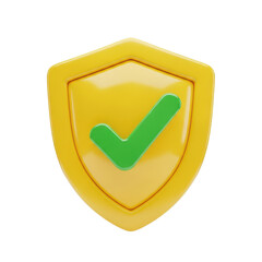 Yellow shield with a green check mark on it. isolated illustration on  transparent background PNG