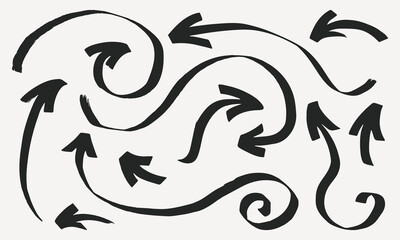 Hand drawn marker arrows set. Text highlighting vector elements. Arrow sketches collection.