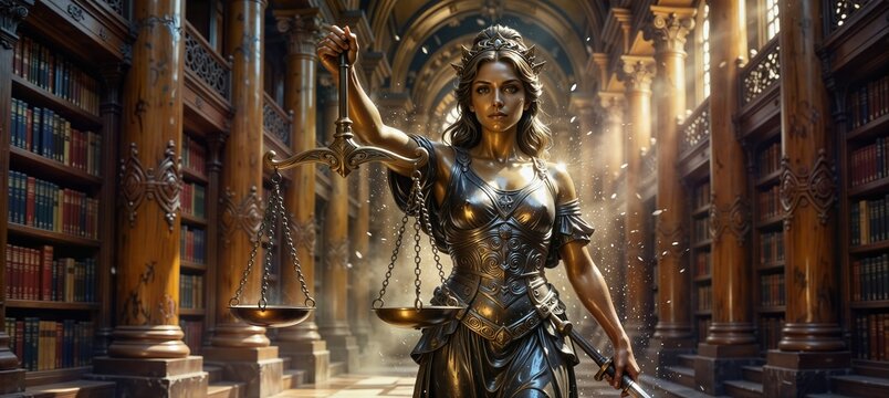 statue of lady justice holding scales of justice in a grand library setting
