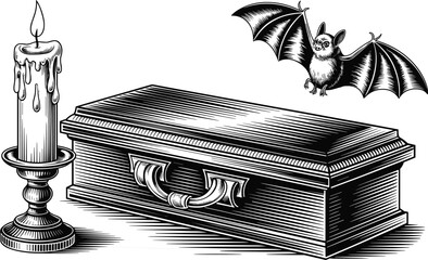 Vintage black and white horror illustration featuring coffin, flying bat and melting candle, perfect for Halloween designs, spooky artwork and gothic themes