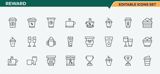 Reward line icon set. Includes thin line symbols medal, champion, competition, award, winner and more. Cup modern icon set. Modern icons collection. Editable vector stroke.