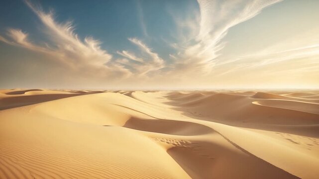 Expansive golden sand dunes under clear blue skies with wispy clouds showcasing shifting patterns and textures in sunlight captured in a wide view that emphasizes the vast desert landscape.