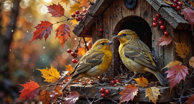 autumn songbirds perched on a rustic birdhouse amidst vibrant fall foliage and berries.