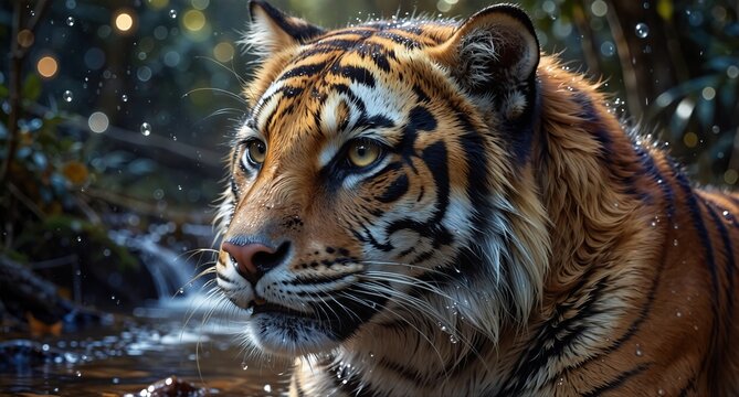 sumatran tiger portrait with water droplets and blurred jungle background
