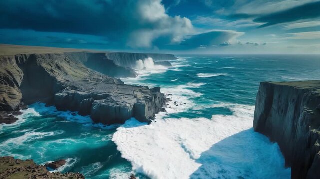 Wide aerial view of rugged ocean coastline with dramatic cliffs crashing waves and turbulent sea featuring dark gray rocks and foamy turquoise water under a cloudy sky during daylight - Powered by Adobe