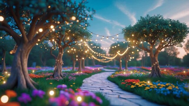 Pathway lined with glowing string lights amid lush green trees and vibrant flower beds in a picturesque outdoor setting featuring soft natural lighting and a clear blue sky during early evening