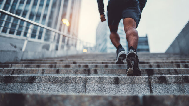 Young man running up urban stairs for fitness and an active lifestyle.