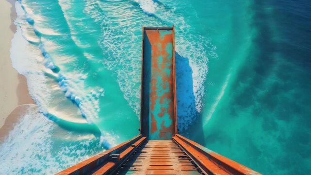 Top-down aerial view of a rusted metal pier extending over turquoise ocean waters featuring rolling white waves crashing onto a sandy beach showcasing vibrant blue and teal hues in bright natural