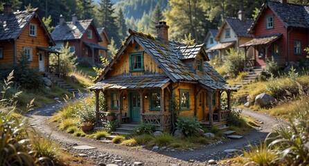 charming rustic cottage in a quaint village nestled among lush green hills and forests.