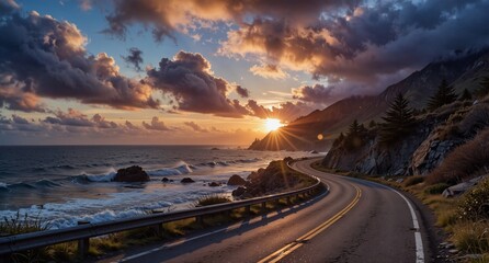 coastal highway winding along rugged cliffs at sunset with dramatic sky and ocean waves.
