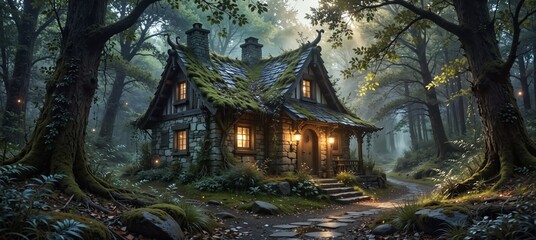enchanting stone cottage nestled in a mystical forest with glowing windows and a winding path.