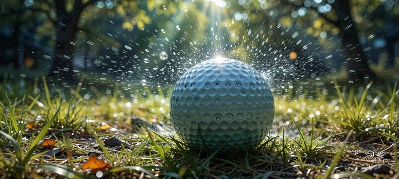 golf ball impact with splash and bokeh in a lush green course setting.