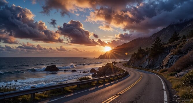coastal highway winding along rugged cliffs at sunset with dramatic sky and ocean waves.