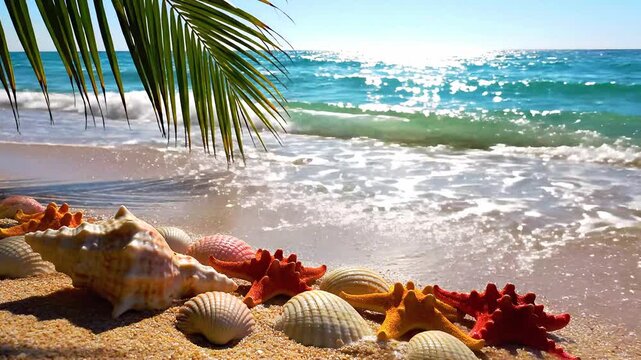 Seashells and Starfish on Sunny Tropical Beach with Sparkling Waves and Palm Shade