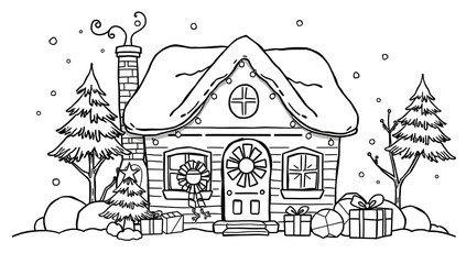 Cute Christmas house coloring page for kids, outlined cartoon style, thick clean black lines