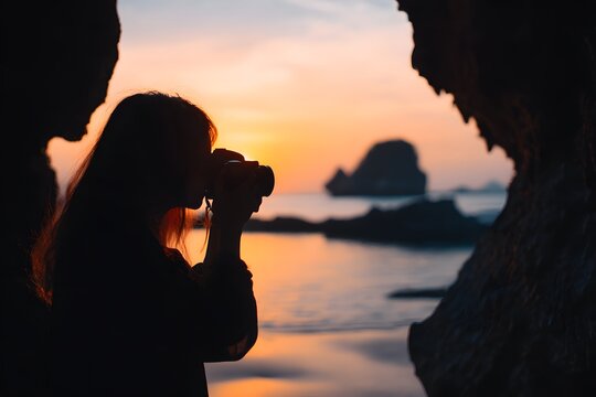 Silhouette of a woman taking photos from a cave at sunset with a digital camera - Powered by Adobe