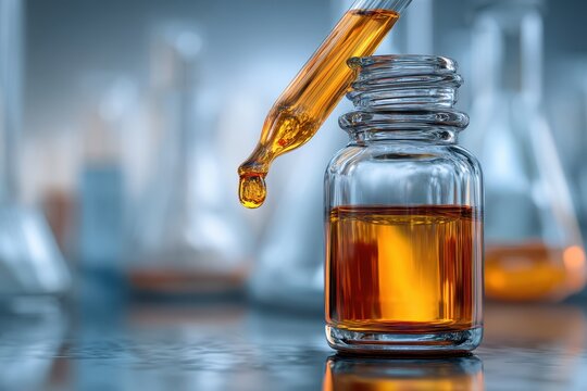 Golden Liquid Dropping into Glass Bottle in Laboratory Setting, Scientific Research. - Powered by Adobe