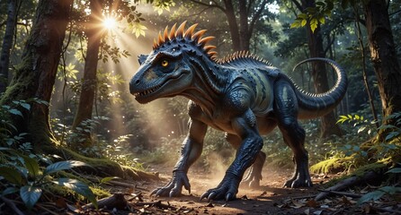 majestic dinosaur in lush prehistoric jungle with sun rays, detailed digital art.