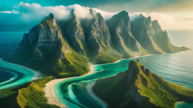 Aerial view of dramatic coastline with clear turquoise waters and