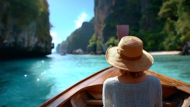 Woman in a straw hat enjoying a scenic boat ride through a tropical lagoon with towering limestone karsts under a bright sun