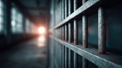 Prison bars with a bright light at the end of a long, dark hallway