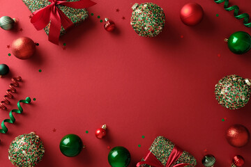 Christmas frame border with sparkling red and green ornaments, gift boxes, confetti on vibrant red background.