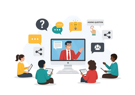 Diverse students attend a virtual online class, engaging with a male instructor via video call with interactive elements like questions and ideas