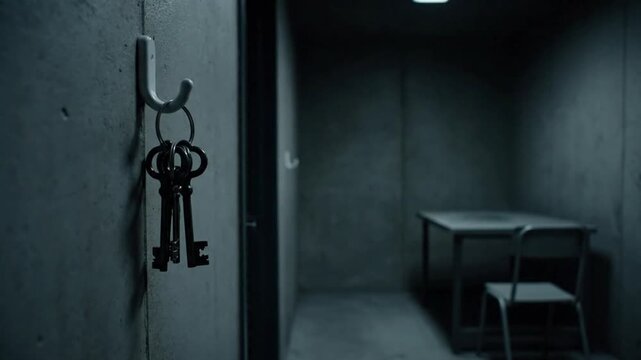 A dimly lit room with keys hanging on a hook, desk and chair visible.